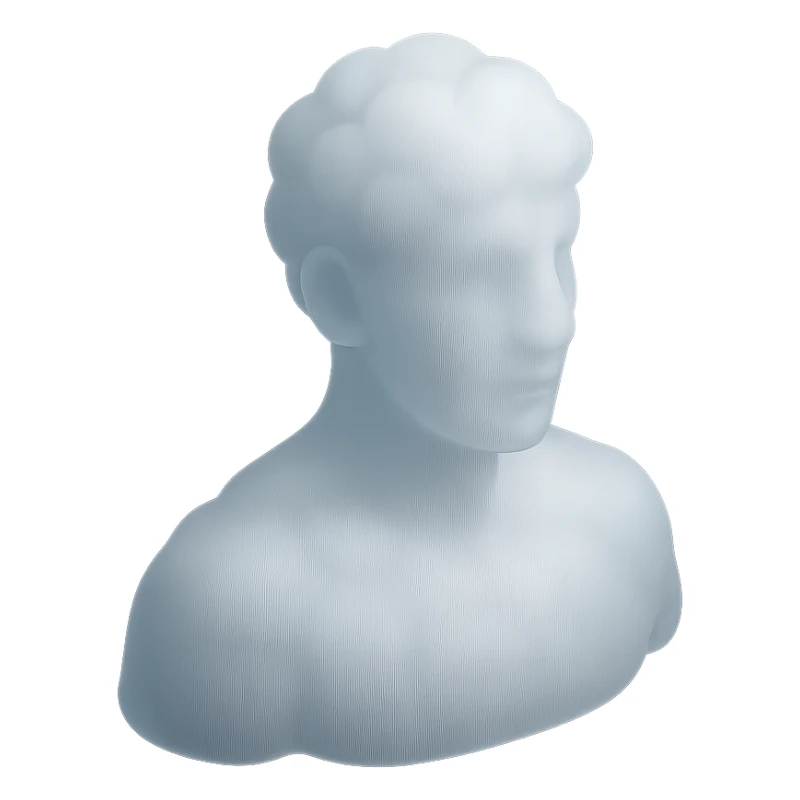person looking straight, made entirely of white fluffy convex clouds, shoulder up, matte glass style, no background sticker