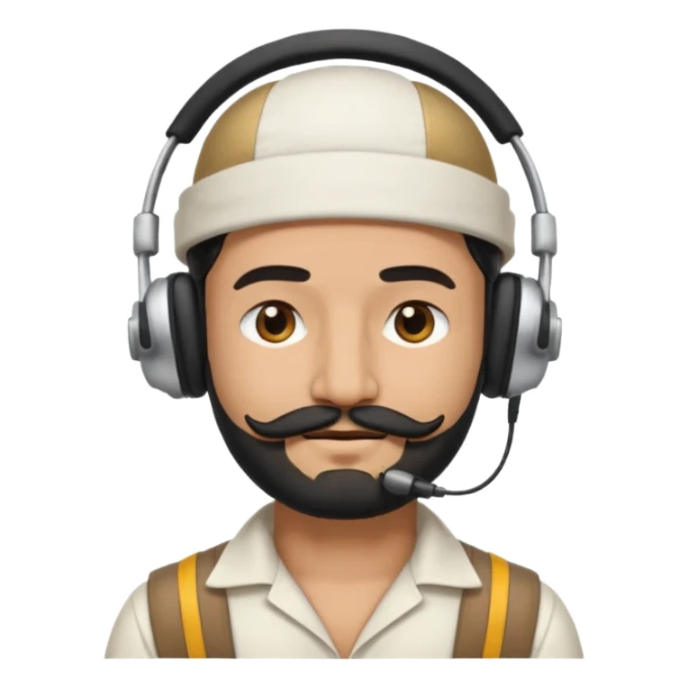 Half body man wearing white topi, lapray, black beard and moustache, headphones, eyes closed, realistic emoji style. sticker