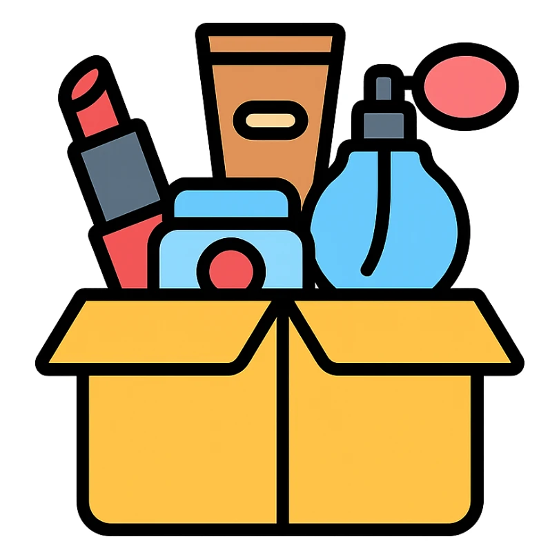 an opened box with various beauty items spilling out, including makeup, skincare, and perfume sticker