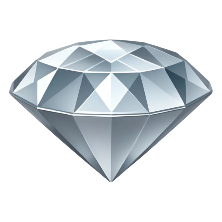 A faceted diamond emoji made of silver chrome, smooth reflective surfaces, soft metallic shine, minimalistic and clean design, iOS emoji style, centered on white background, soft studio lighting sticker