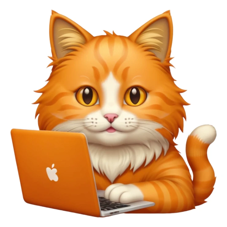 bright and cheerful cat using a laptop, emoji style sticker
