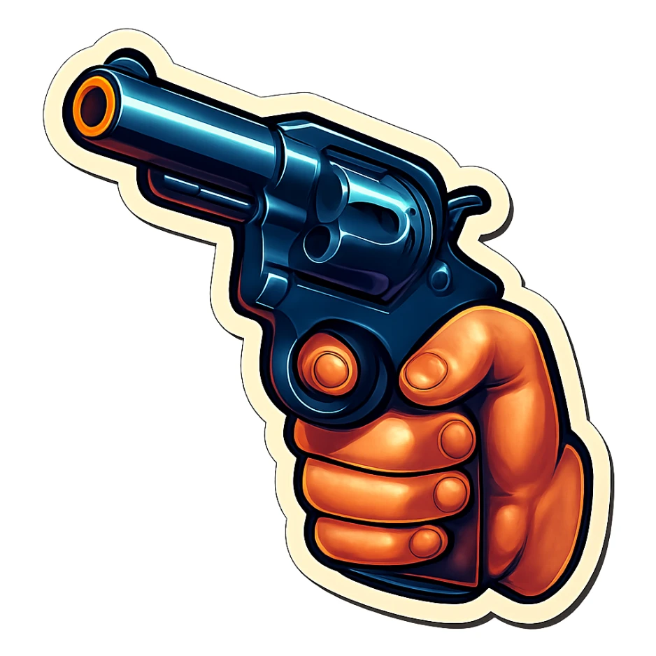 male hand with a revolver, retro stickers style, sharp black outlines, clear shadows and highlights, no gradients sticker