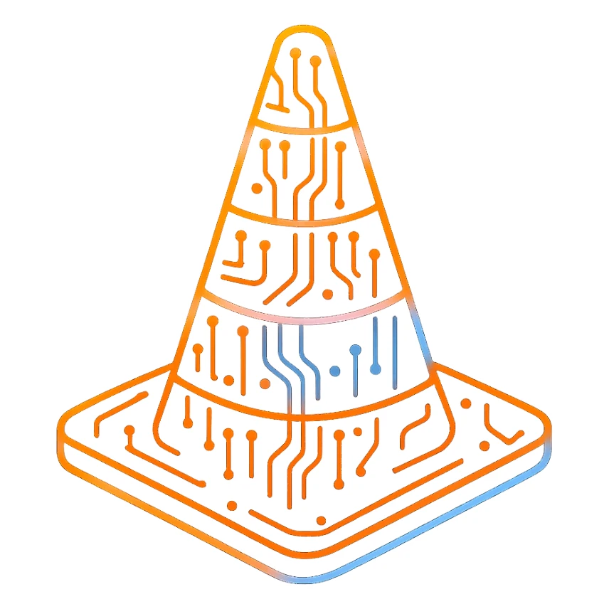 Recreate the VLC cone icon in a flat cyberpunk style with glowing neon orange and white colors, accented by blue and pink neon highlights. Incorporate intricate circuit patterns throughout the cone. The design should be clean, futuristic, and consistent with the other cyberpunk icons in the set. Avoid any 3D shading and keep the style flat and glowing with a transparent background. sticker