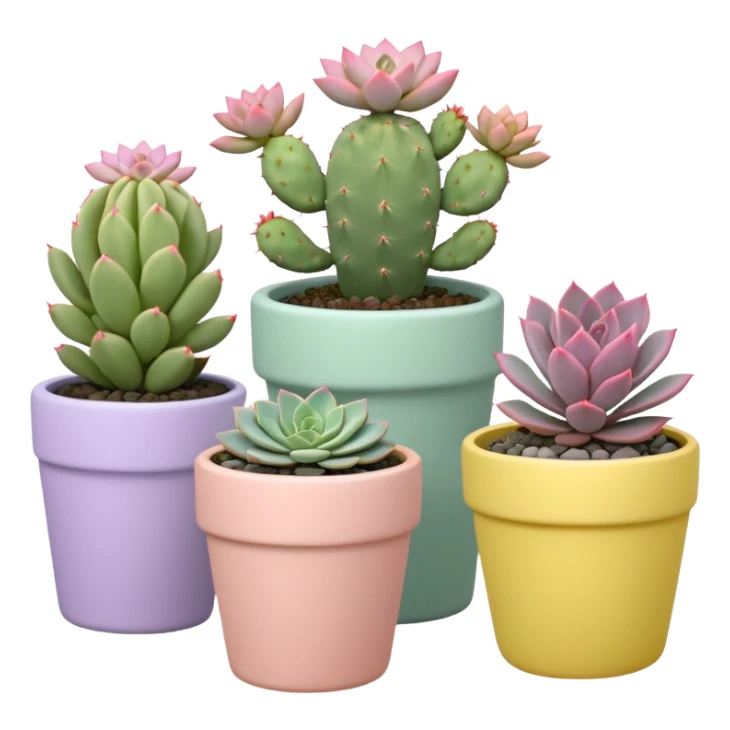 A pastel pink ceramic pot with a sedum succulent, a pastel green ceramic pot with a graptopetalum succulent, a pastel yellow ceramic pot with an echeveria succulent, and a pastel purple ceramic pot with a flowering cactus. All are cylindrical and placed separately on the floor. sticker