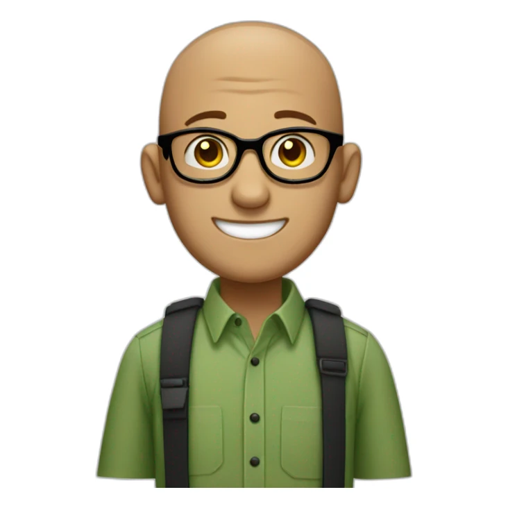 smiling jewish man with shaved head in rectangular black glasses and green button up shirt sticker