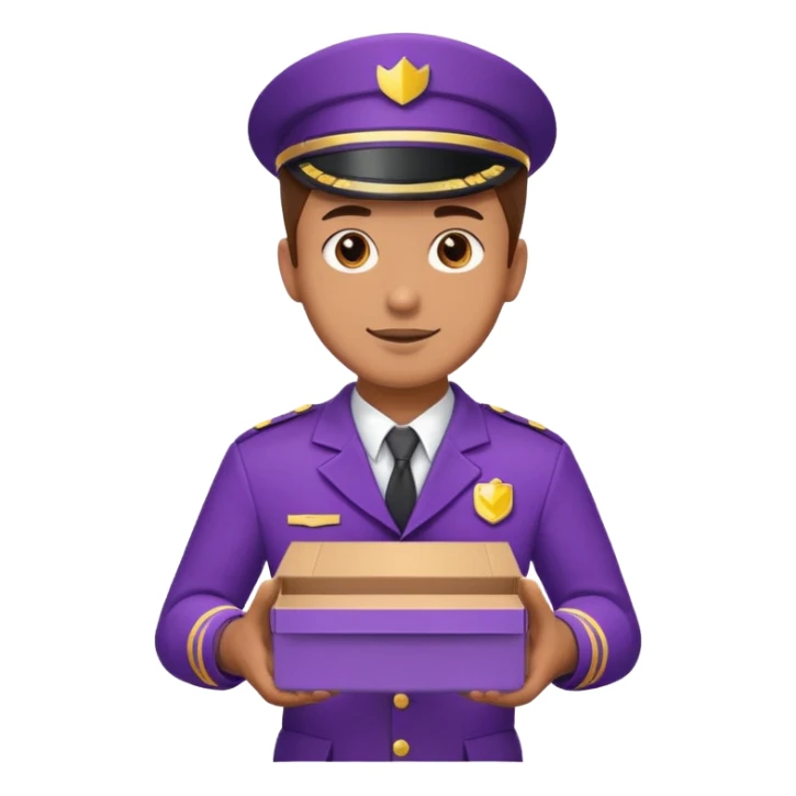 a man in a purple uniform hands out a box sticker