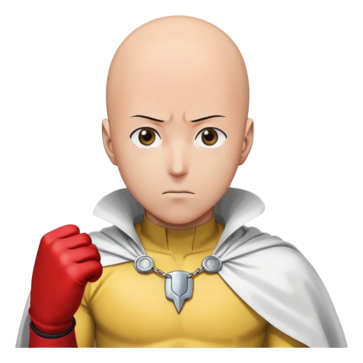 Saitama from One Punch Man, bald head, blank expression, yellow hero suit with white cape, red gloves sticker