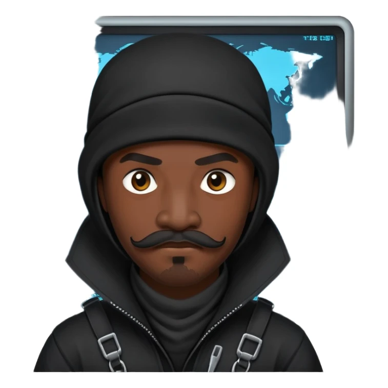 african-american mustache mercenary black asymmetrical ninja hacker terminal command center sticker