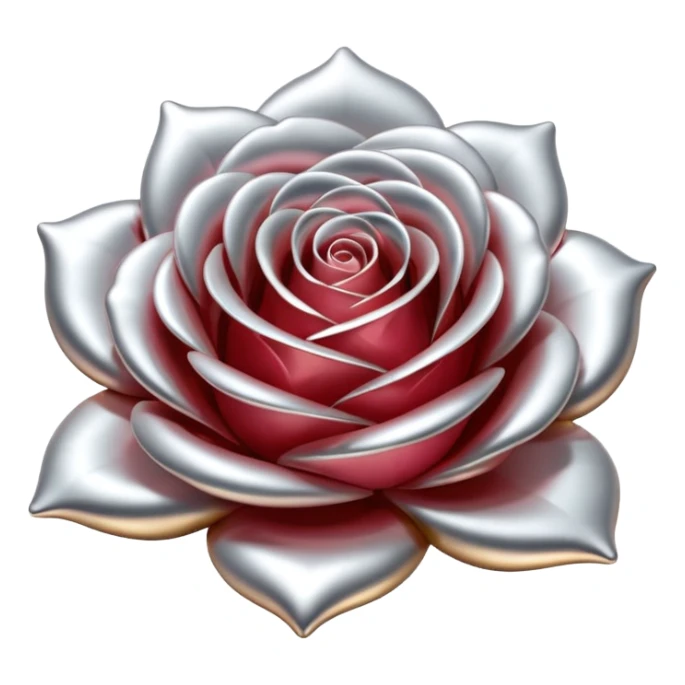 A rose emoji made of liquid silver metal, smooth metallic petals, reflective chrome surface, soft gradients, elegant shape, minimalistic iOS emoji style, centered, clean white background, realistic highlights, no text sticker