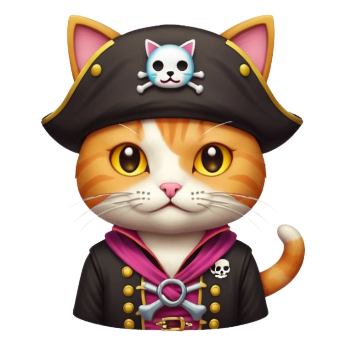 Cute 32-bit pixel art emoji, cat, pirate theme, vibrant colors, clean edges, Japanese kawaii aesthetic, game asset style, isolated on white --v 6.0 sticker