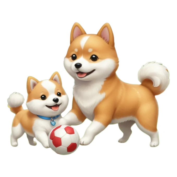 2 dogs, a ginger shiba inu and a small white dog breed coton de tulear, playing with a ball in a sunny garden sticker