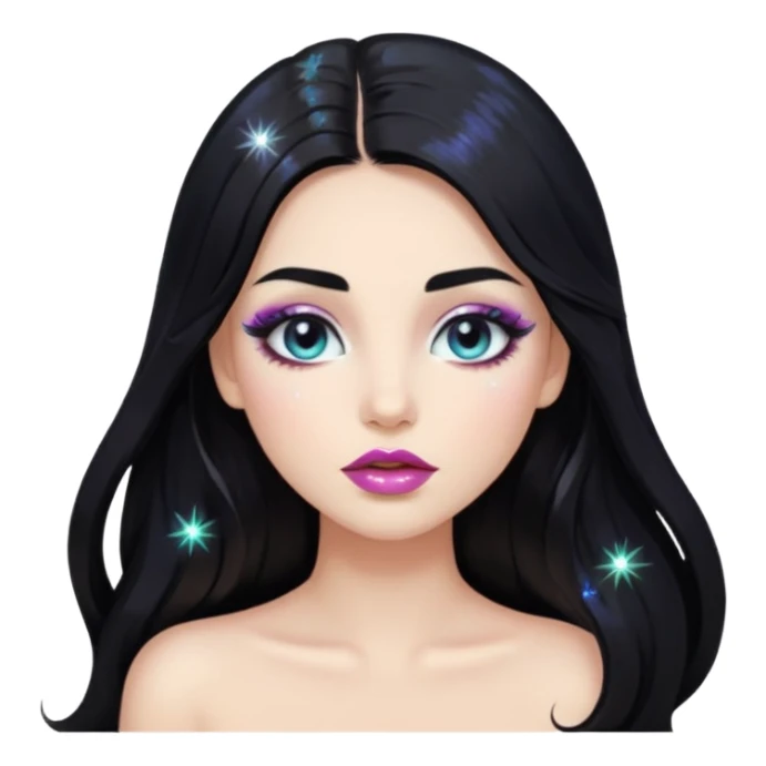 douyin long black hair glossy lips glittery iridescent white eyeshadow girl sticker