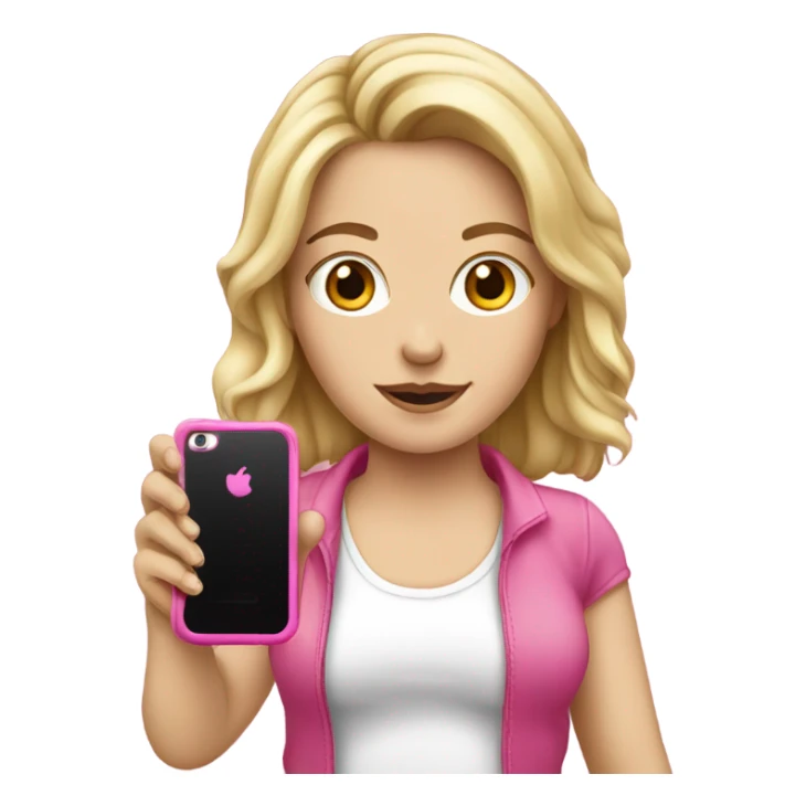 a white girl holding a pink cell phone sticker