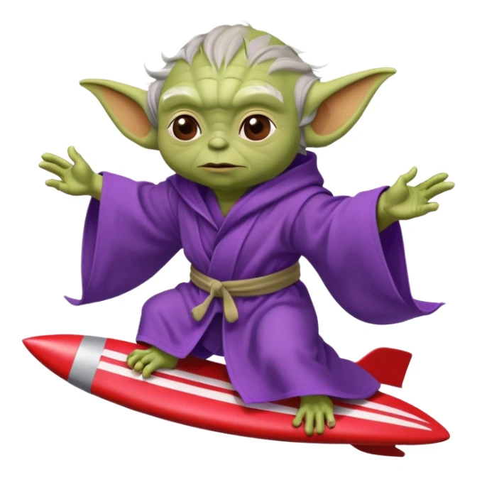 yoda in a purple robe flying in a rocket like surfing sticker