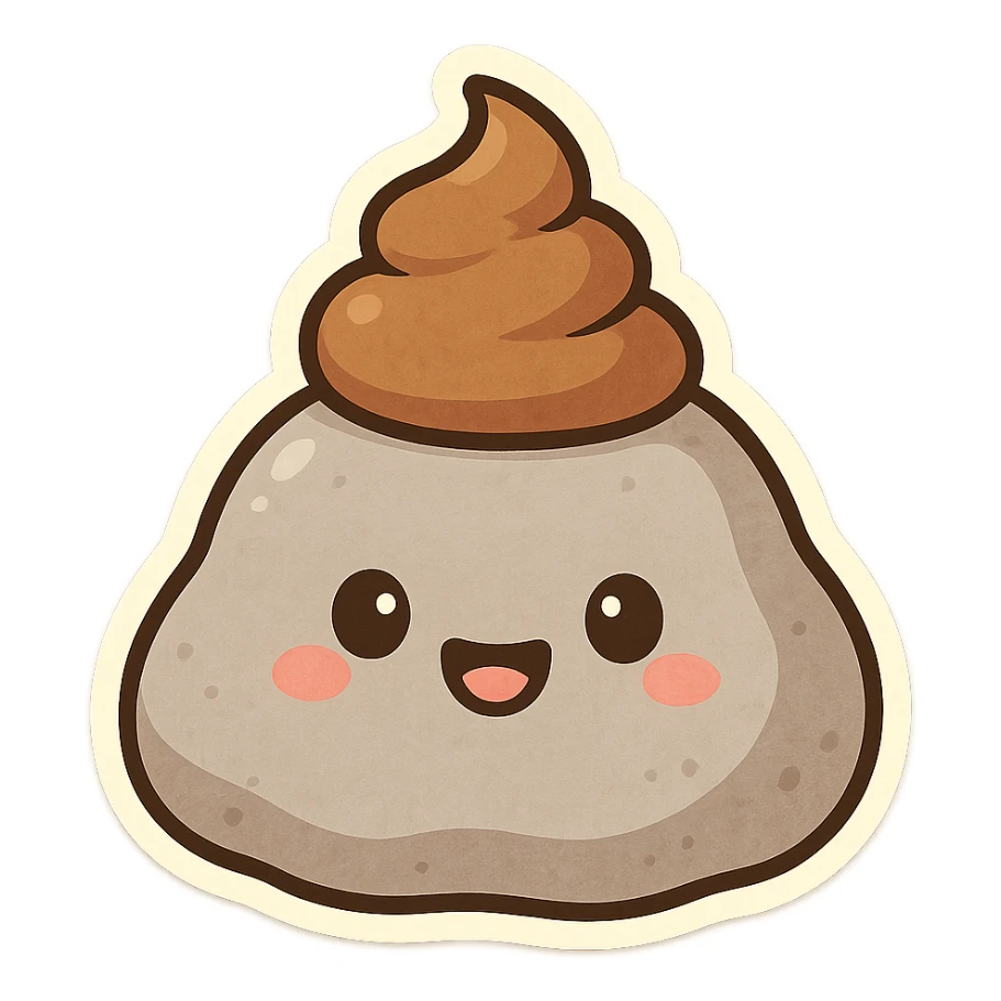 a smiling rock with a swirl of poop on its head, cute style sticker