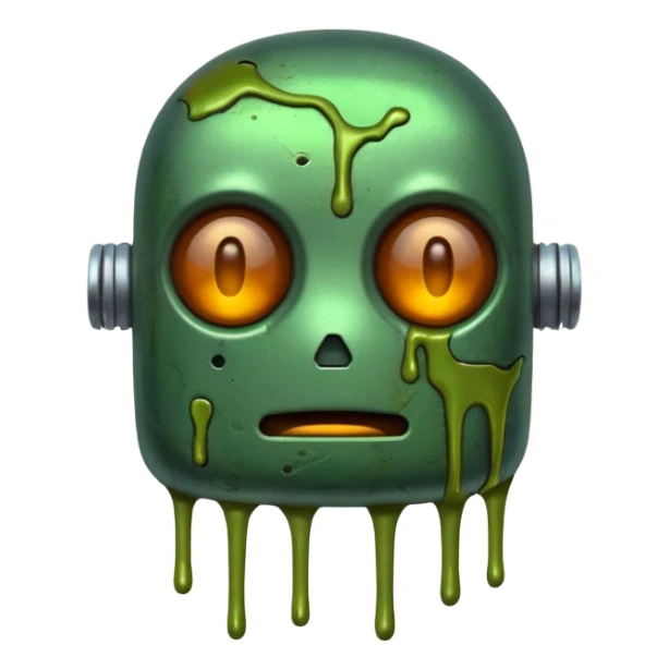 make a tired old melting robot emoji, covered in green sludge, 2d sticker