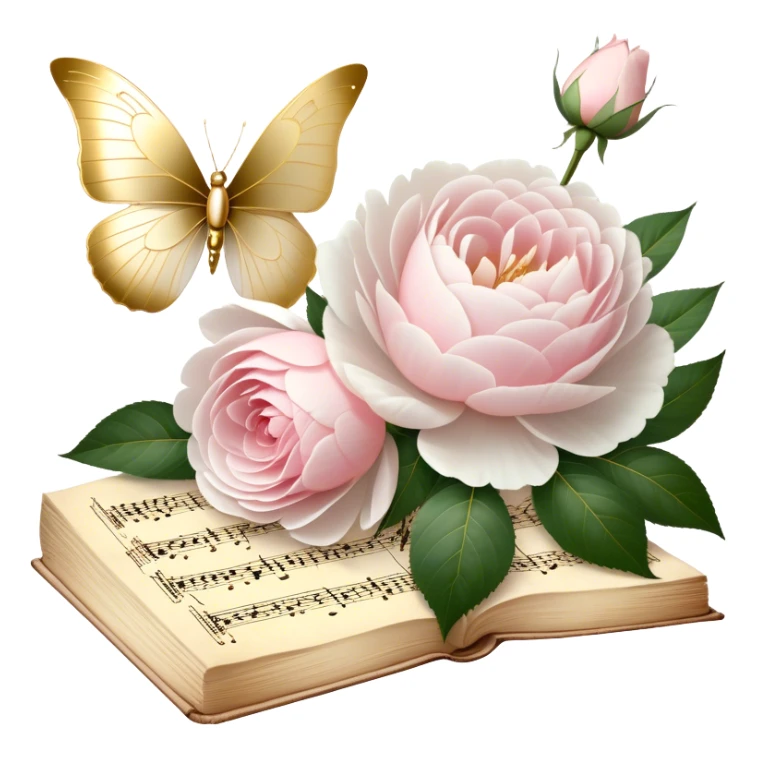 A charming antique music sheet, adorned with golden ink flourishes and pressed blush pink rose petals, resting beside a bouquet of fresh white peonies, while a pearl butterfly’s wings gently touch the delicate paper.
 sticker