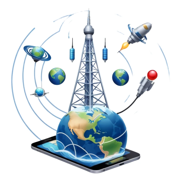 An icon featuring a communication tower with signal waves, satellites in orbit, and fiber optic cables. The design includes a smartphone and an earth with connection lines, symbolizing global communication networks. Transparent background  sticker