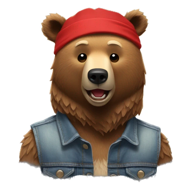 grizzly bear wearing sleeveless jean jacket and red headband with open mouth sticker