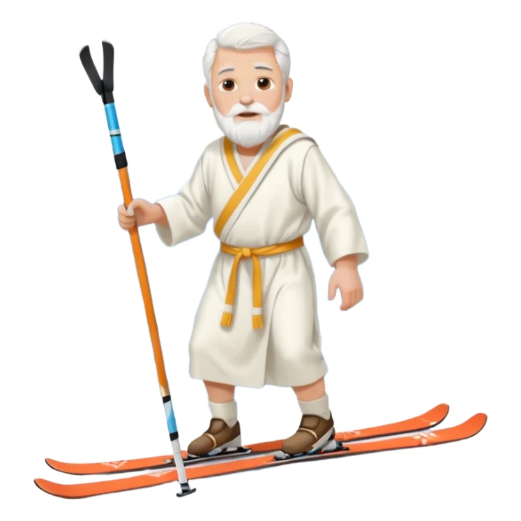 Old man white haired white beard wearing white toga robe on skis with mountains sticker
