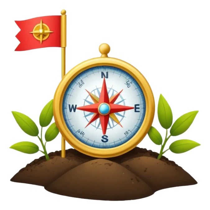 A minimal emoji of a compass pointing toward a planted flag. Flat design, confident colors, modern emoji style. Represents choosing direction and seeing it through to completion. Avoid corporate or motivational poster aesthetics. sticker