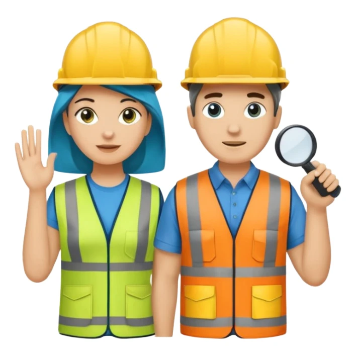 Um homem e uma mulher amarelos com capacete de obras ambos azul escuro e camisa social cinza com faixas refletivas verdes nos braços, Um deles deve estar segurando um megafone sticker