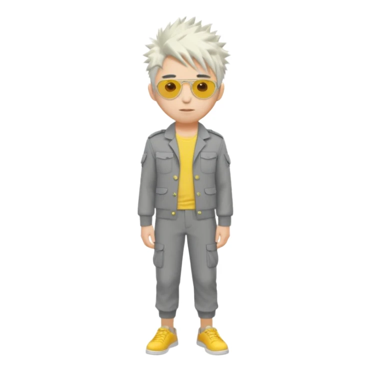 A japanese guy with white messy spiky hair circle sunglasses wearing a uniform gray and a yellow button on the top right of the uniform gray pants sticker