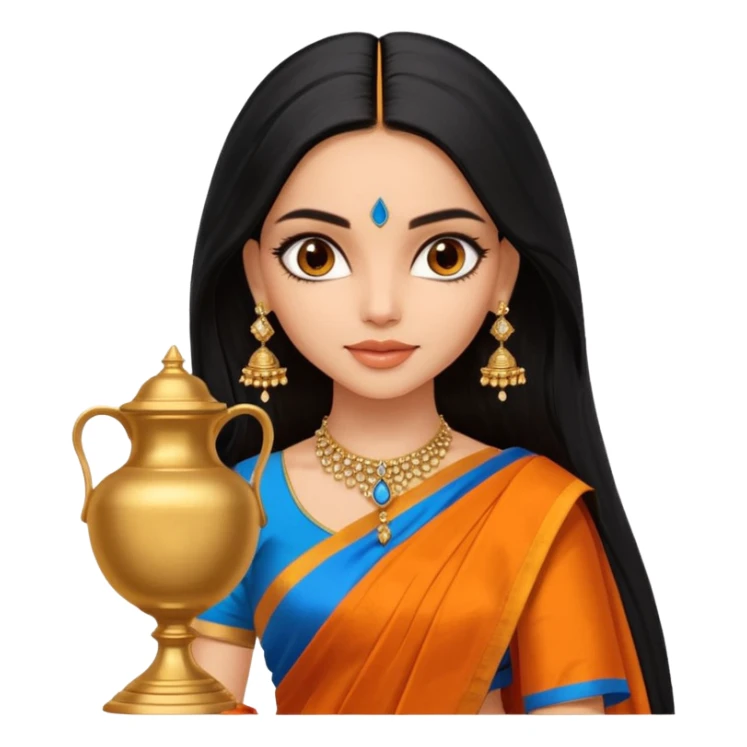 generate a pretty bratz Deepika Padukone with long black hair middle parted.
Wearing an orange saree with a blue blouse, golden jhumkas
SHe shoudl look like deepika padukone. dark brown eyes and carrying an urn sticker