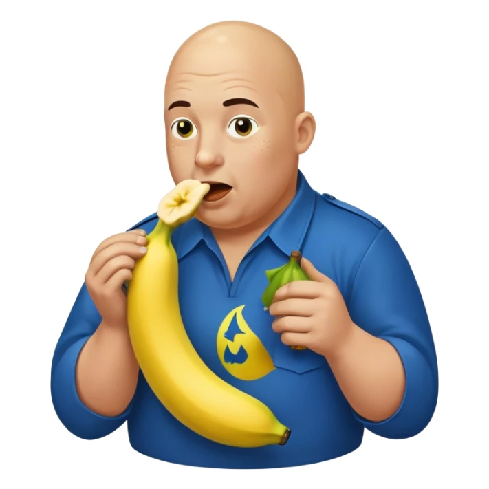 bald a bit fat man in a blue uniform eating radioactive banana sticker
