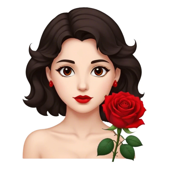 A woman with dark wavy hair, a single red rose behind one ear, and a confident gaze sticker