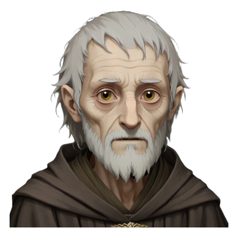 Qyburn from game of thrones, Qyburn is a thin, aging man with a gaunt, almost skeletal face and pale, sallow skin. His wispy gray hair and short, scruffy beard give him an unkempt look, and his cold, calculating eyes make him seem eerily detached. He wears simple, dark robes, lacking the grandeur of a typical maester, as he was stripped of his title for his unethical experiments. His soft-spoken yet chilling demeanor makes him unsettling to those around him. sticker