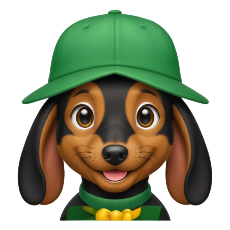 Black Dachshund in Green Cap in iOS 18 Emoji Style sticker