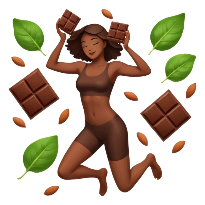 Relaxed body silhouette surrounded by floating food: several large, shiny dark chocolate squares prominently featured, along with spinach leaves, almonds, and seeds. Gentle light connecting these foods to muscles and nervous system, creating a calming effect throughout the body. sticker
