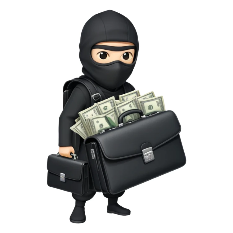 Masked ninja carrying a black briefcase overflowing with dollar bills sticker