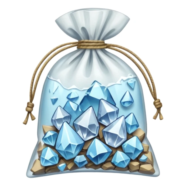 A transparent baggie tied at the top containing clear glass pieces crushed into shards and chunks of crystal clear with white hue glass only sticker