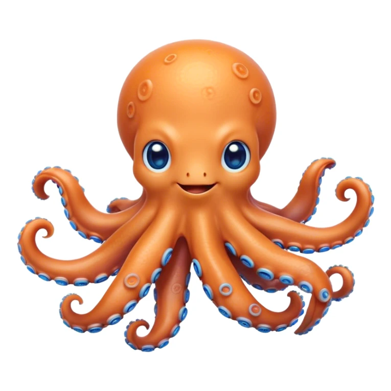 Cinematic Cute smiling Octopus Portrait Emoji, Head tilted playfully and inquisitively, featuring a rounded, light orange body embellished with playful blue rings, eight adorably curling arms, and big, twinkling eyes full of wonder, Simplified yet irresistibly adorable features, highly detailed, glowing with a warm, inviting underwater glow, high shine, affectionate and lively, stylized with a touch of whimsical cartoon charm, soft glowing outline, capturing the essence of a mischievous yet loving octopus that seems as if it could bob out of the screen into your arms! sticker