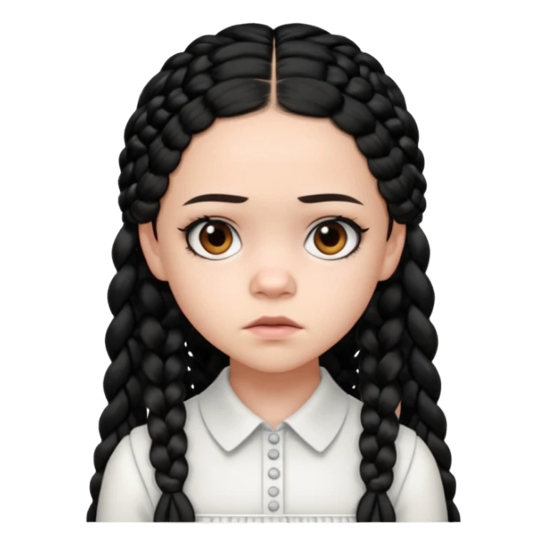Draw Jenna Ortega with pale skin, black braids, white-collared dress & serious expression. sticker
