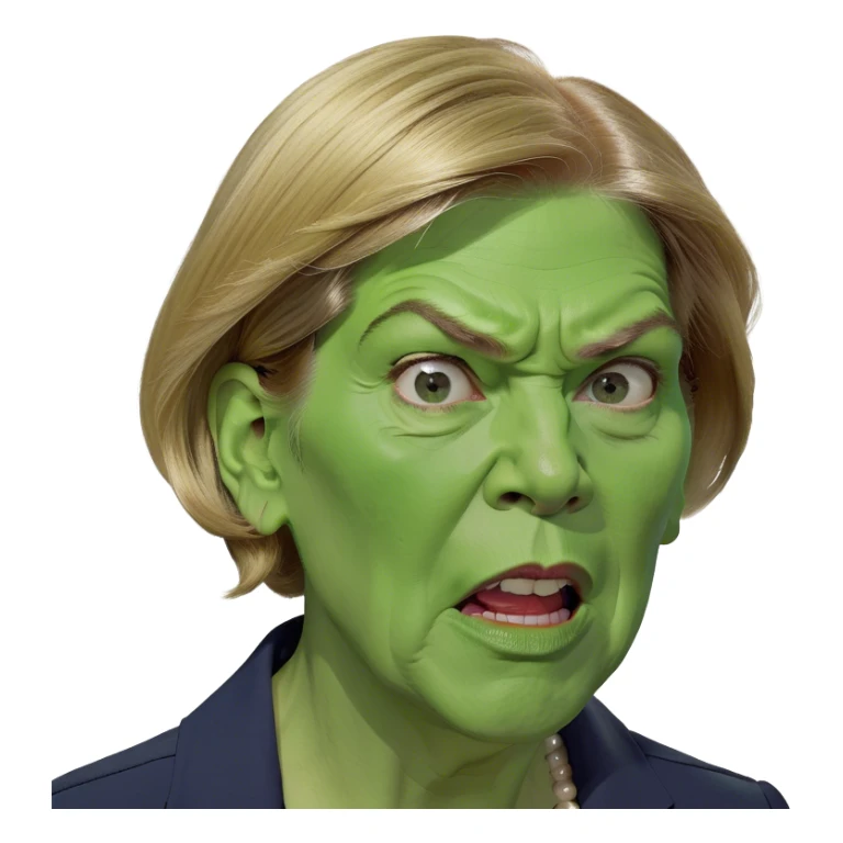 Make a picture of Senator Elizabeth Warren with a traditional Native American headdress make it realistically cartoonish without the braids really accentuate  her wrinkles make her hair blonder and get rid of the headdress besides make her look extremely afraid sticker