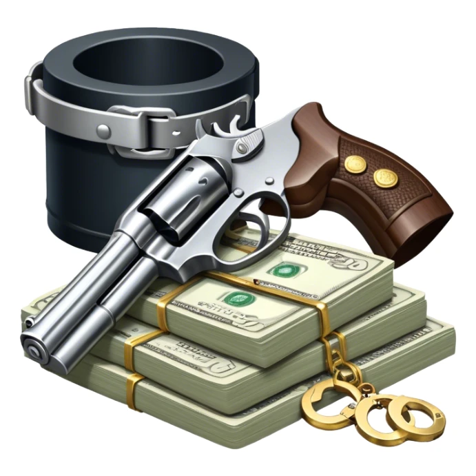 Icon for Action & Crime Reading: an open book, a revolver, handcuffs, a stack of cash. Surrounding elements include a dark alley, a police badge, and a pair of sunglasses. The icon should evoke tension, suspense, and action. Transparent background. sticker