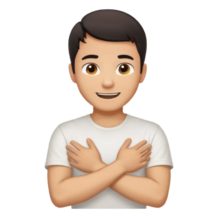 Man with hands gripped around neck crossed like he is choking while smiling sticker