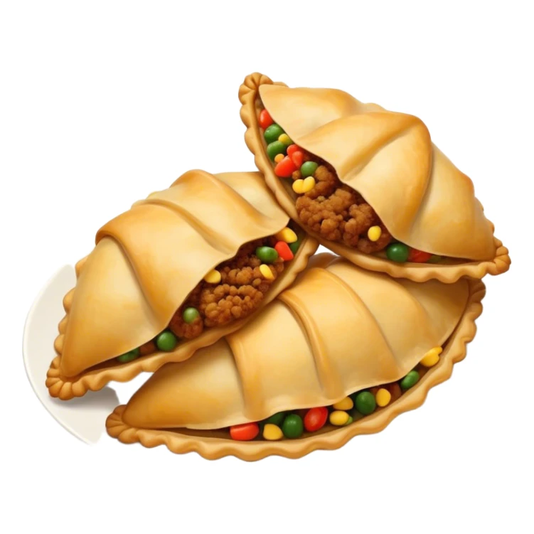 Cinematic Realistic Empanadas Dish Emoji, showcasing crispy fried turnovers filled with spiced meat and vegetables rendered with rich textures and dynamic, appetizing lighting. sticker
