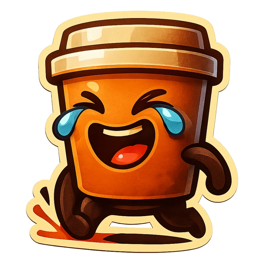Tall coffee cup, laughing hard, tears in eyes, pounding ground, dramatic laugh sticker