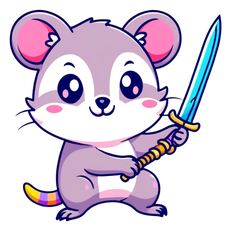 A colorful possum holding a glittery sword, rainbow sparkles, vibrant neon colors, cute big eyes, with stars and hearts background sticker