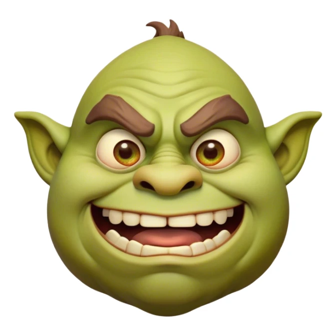 Cinematic Comical Ogre Portrait Emoji, with a strikingly exaggerated, bulky figure in vivid earthy greens and browns, head tilted in a dramatically surprised expression with wide, comically bulging eyes and a goofy, oversized grin, simplified yet hilariously exaggerated, highly detailed with a soft, cartoonish glowing outline capturing the playful absurdity of a meme-worthy ogre! sticker