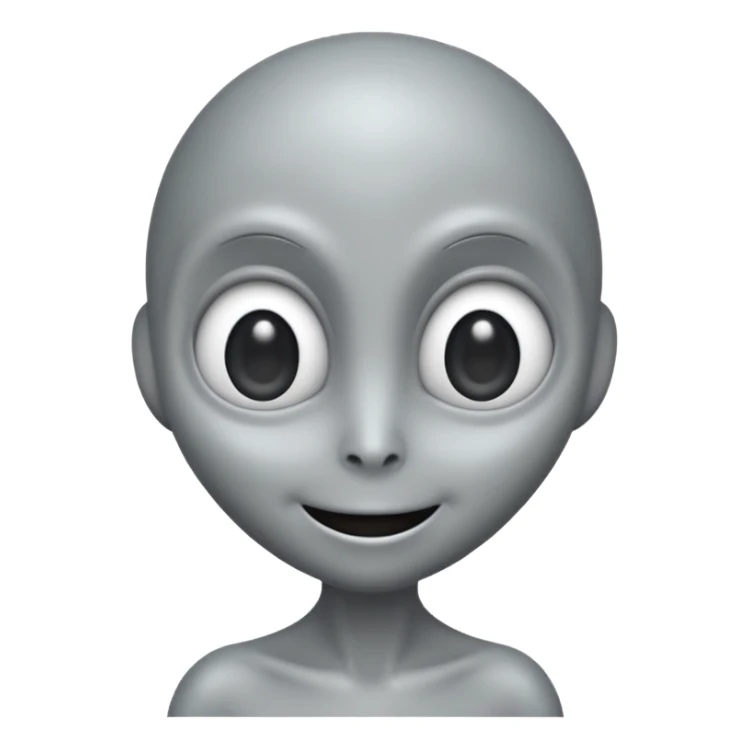 Classic grey alien, elongated head, cute cartoon emoji, no background sticker