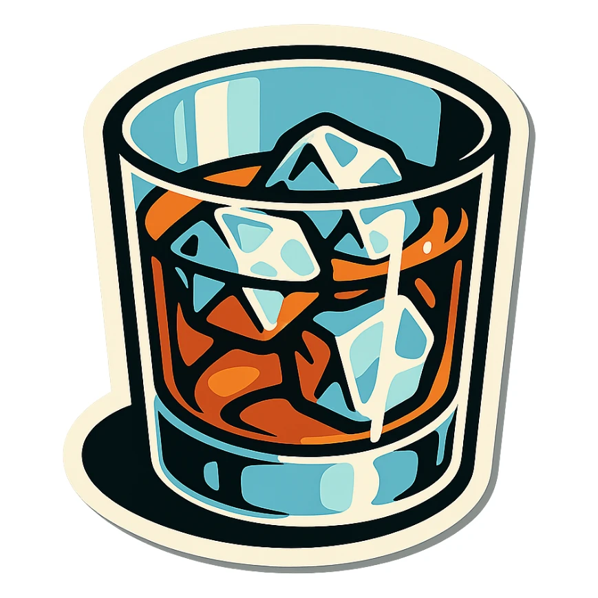 whiskey glass with ice cubes, retro stickers style, clear black outlines, expressive shadows and highlights, no gradients, only sharp color transitions, slightly top view sticker