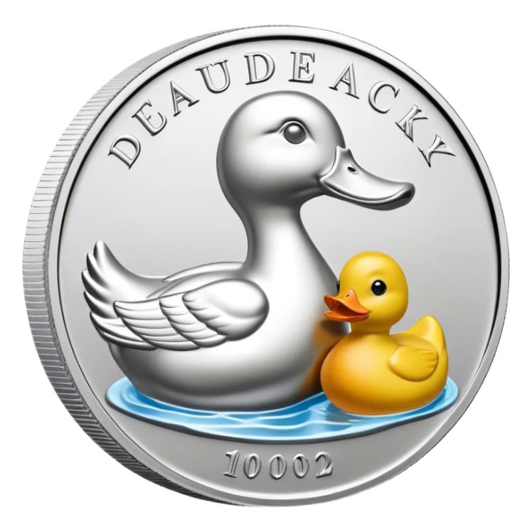 silver coin in profile with a rubber ducky bas relief, the ducks beak is silver sticker