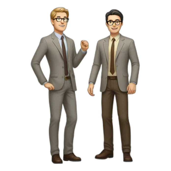 Full height Actively gesturing with hands Pale skinned fit man with dark brown hair in gray jacket, beige office shirt, brown tie, brown pants and vintage glasses. sticker