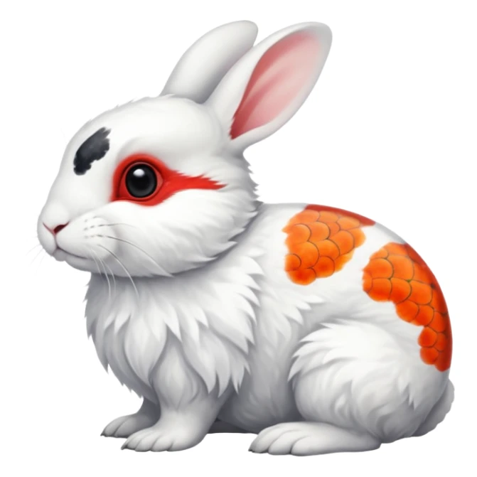 Asian Painted Fluffy Realistic Dwarf-Hotot-Rabbit-Rock-Ptarmigan-Koi-Fish-Animal-hybrid, full body, with red marking over eye sticker