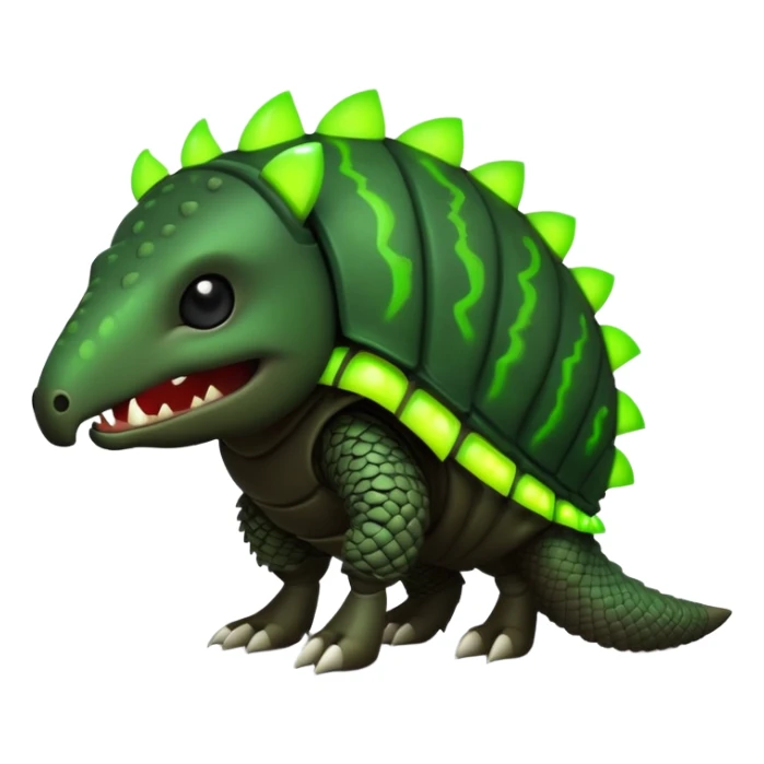 Biohazard armadillo. has black skin and a dark, segmented shell, with the middle sections of each segment glowing in a toxic lime green. The armadillo's face has a twisted, evil grin. His eyes are wide and intense, glowing in the same toxic green. sticker